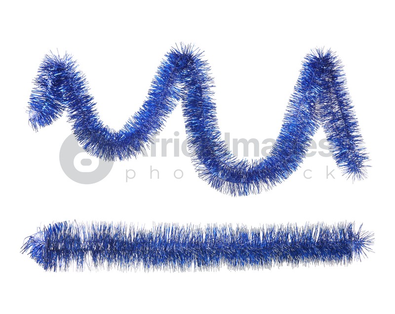Shiny blue tinsels on white background, collage. Christmas decoration
