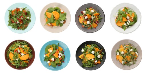 Set with tasty persimmon salads on white background, top view. Banner design