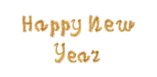 Phrase Happy New Year made of shiny golden tinsels on white background, banner design
