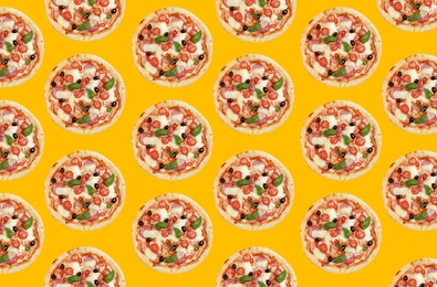 Meat pizza pattern design on yellow background