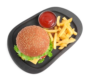 Photo of Delicious burger with beef patty, tomato sauce and french fries isolated on white, top view