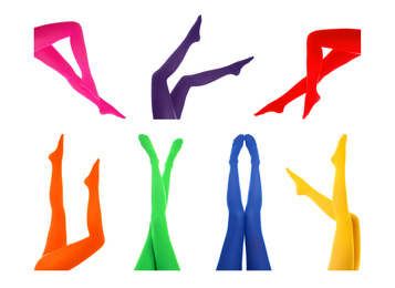 Collage of women wearing different colorful tights on white background, closeup