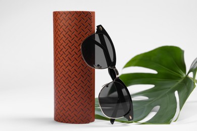Stylish sunglasses and brown leather case with pattern on white background