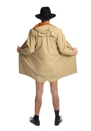 Photo of Exhibitionist exposing naked body under coat isolated on white, back view
