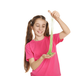 Preteen girl with slime on white background