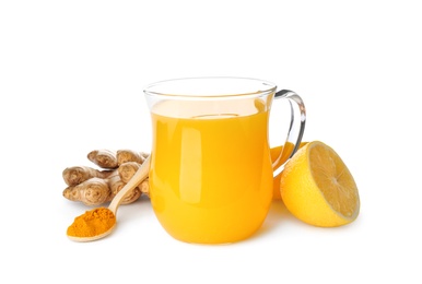 Immunity boosting drink with lemon, ginger and turmeric on white background