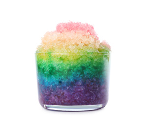 Rainbow shaving ice in glass dessert bowl isolated on white