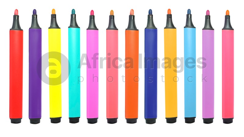 Set with bright multicolored marker pens on white background. Banner design