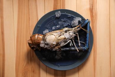 Photo of Fresh malaysian freshwater prawn with ice on wooden table, top view