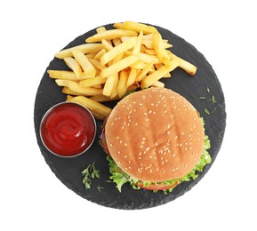 Photo of Delicious burger with beef patty, tomato sauce and french fries isolated on white, top view