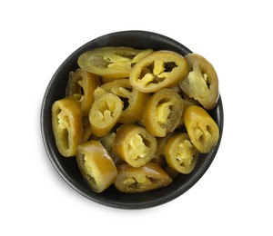 Photo of Slices of pickled green jalapenos in bowl isolated on white, top view