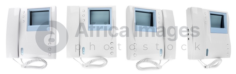 Intercom base stations with handsets on white background, collage. Banner design