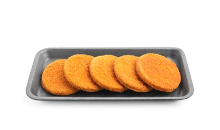 Photo of Uncooked breaded cutlets on white background. Freshly frozen semi-finished product