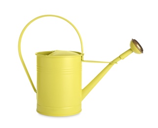 Photo of Yellow metal watering can isolated on white