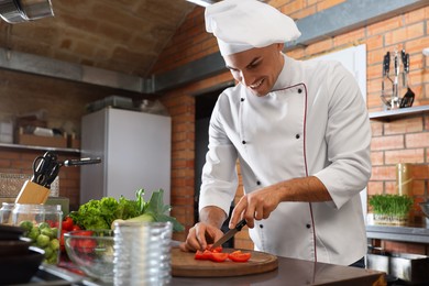 Professional chef cutting fresh tomatoes in restaurant kitchen