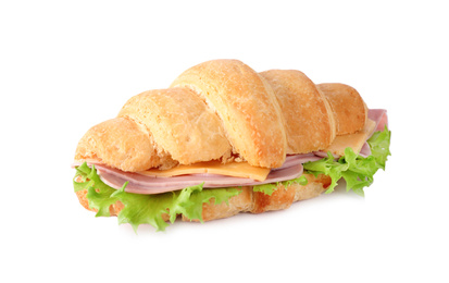 Tasty croissant sandwich with ham isolated on white