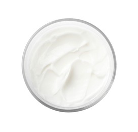 Jar of face cream isolated on white, top view