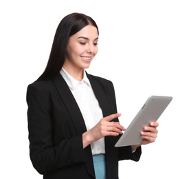 Young businesswoman with tablet on white background