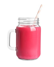 Photo of Mason jar of tasty raspberry smoothie on white background