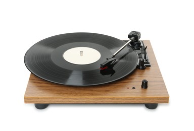 Modern turntable with vinyl record isolated on white