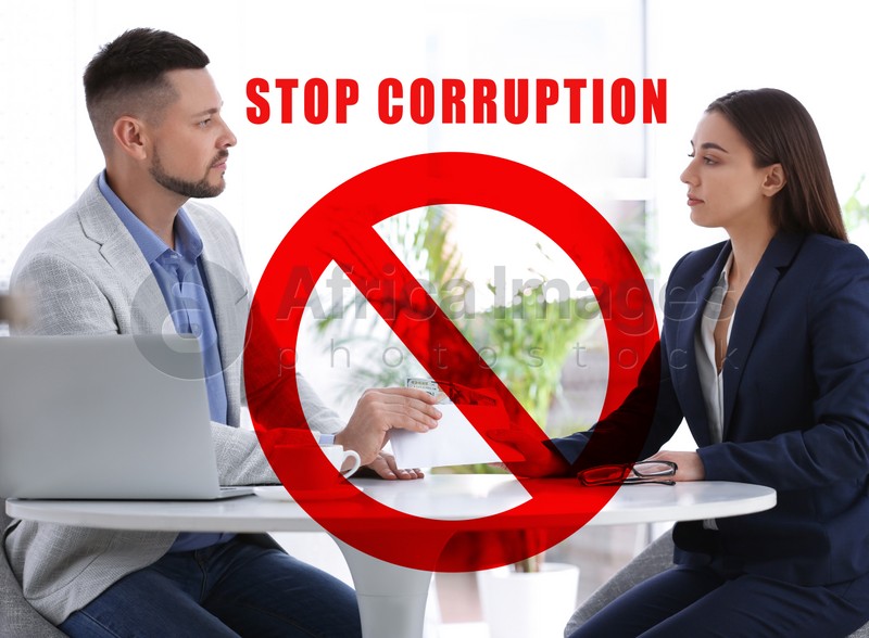 Stop corruption. Illustration of red prohibition sign and woman giving bribe to man at table indoors