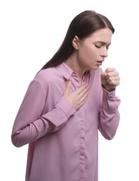 Woman coughing on white background. Cold symptoms