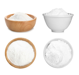 Set with bowls of baking soda on white background