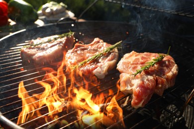 Photo of Cooking meat on barbecue grill outdoors, closeup