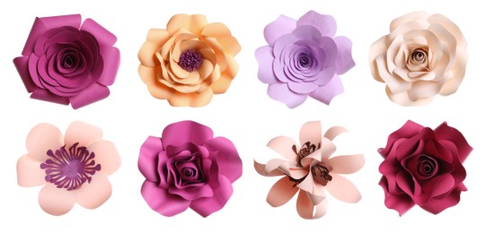 Image of Set with beautiful flowers made of paper on white background, top view. Banner design