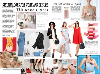 Fashion magazine page spread design. Articles and different images