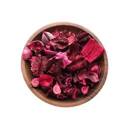 Photo of Scented potpourri in wooden bowl isolated on white, top view