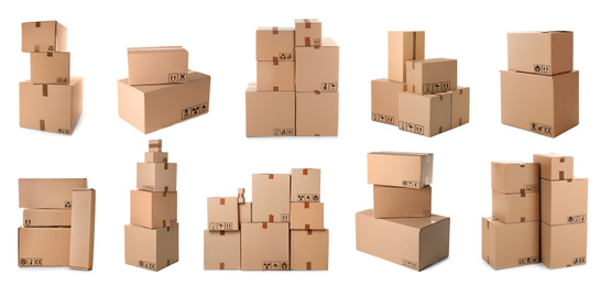 Set of parcels with different packaging symbols on white background, banner design 