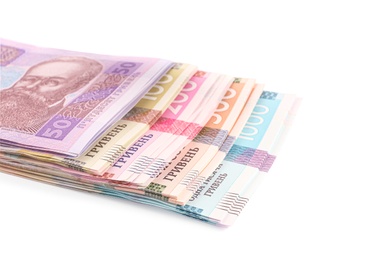 Ukrainian money on white background, closeup. National currency