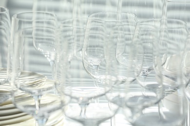 Set of empty wine glasses on table, closeup