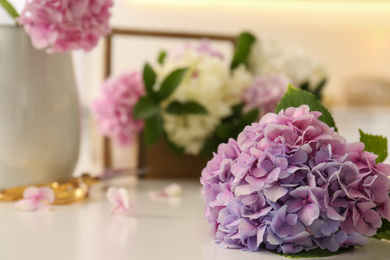 Closeup view of hydrangea flowers on white table, space for text. Interior design element