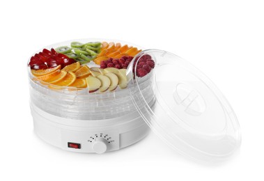 Modern dehydrator machine with different fruits on white background