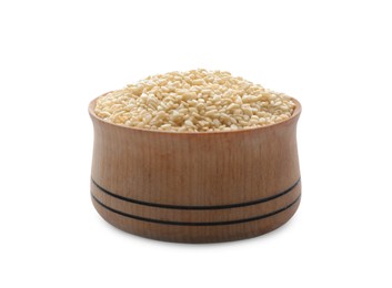 Wooden bowl with sesame seeds on white background