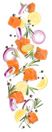 Image of Pieces of delicious fresh raw salmon and different spices on white background. Vertical banner design 