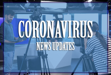 Presenter, director and video camera operator working in studio. Coronavirus pandemic - latest updates