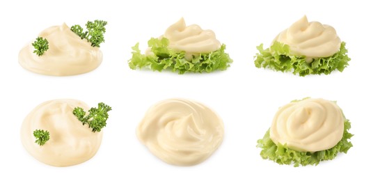 Image of Set with tasty mayonnaise and lettuce on white background. Banner design