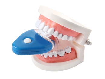 Educational model of oral cavity with teeth and bleaching device on white background