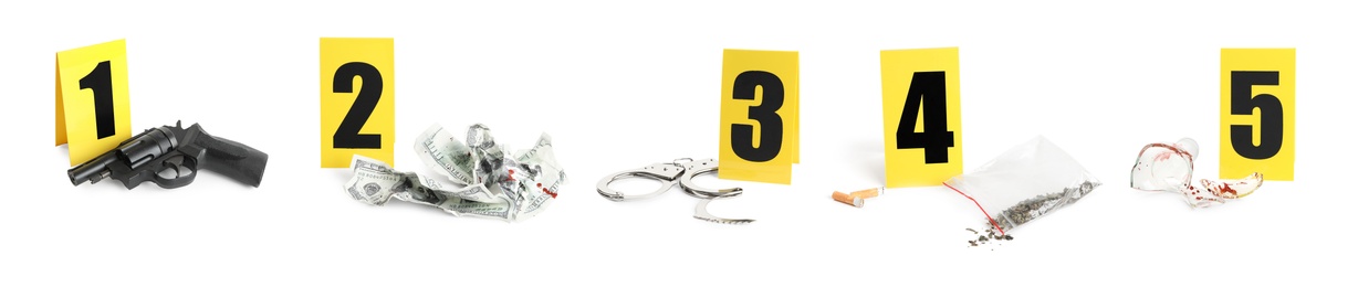 Crime scene investigation. Set of evidence identification markers and clues on white background