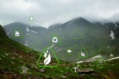 Digital eco icons and beautiful mountains on cloudy day