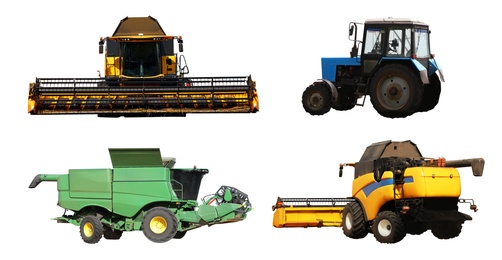 Set of different agricultural machinery on white background. Banner design 