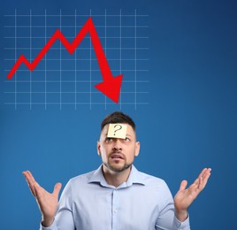 Man with question mark and illustration of falling down chart on light blue background. Economy recession concept