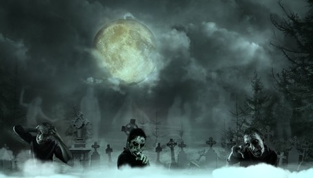 Image of Scary zombies at misty cemetery with old creepy headstones under full moon. Halloween monsters