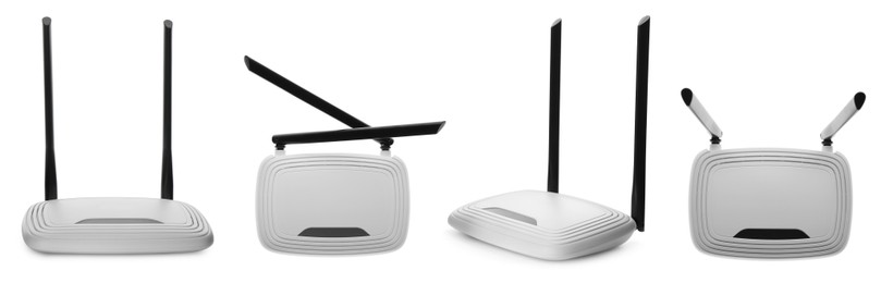 Set with modern Wi-Fi routers on white background. Banner design