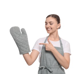Beautiful young woman in clean apron with pattern and oven glove on white background