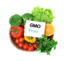 Tasty fresh GMO free products and paper card on white background, above view