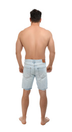 Shirtless man on white background, back view